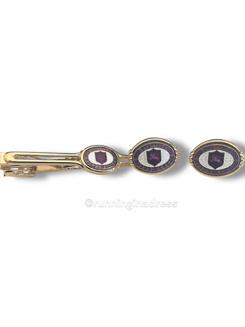 VTG Burberrys Gold Purple Nova Check Equestrian Knight Enamel Cufflink Bar Set